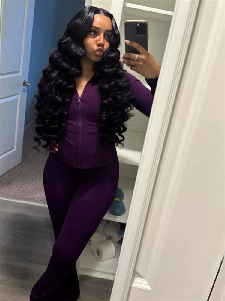 Elegant Sports Women Clothing Sales Long Sleeve Tops Flare Pants 2 Two Pieces Sets Tracksuit Streetwear Jogging Leggings Outfits