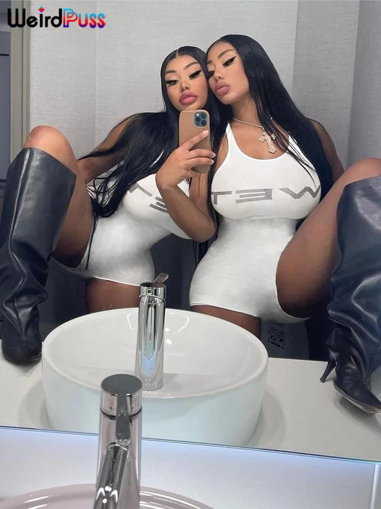 Weird Puss Letter Print Romper Women Low-Neck Sporty Casual Sleeveless Stretch Activity Skinny Playsuit Tight Short Overalls