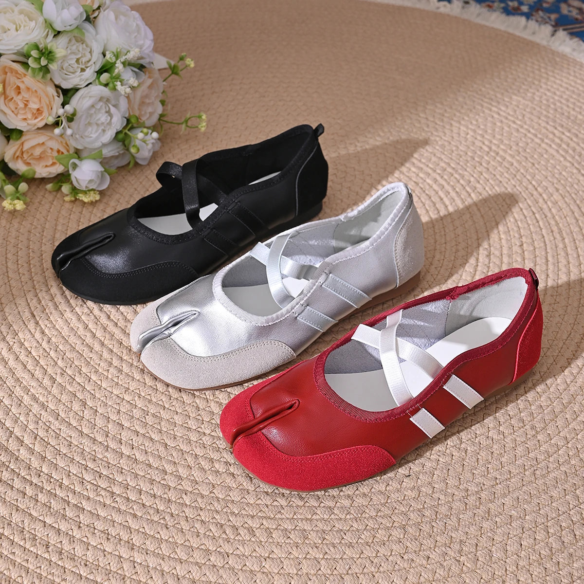 Split-Toe Casual Ballet Flats Shoes Women Genuine Pu Leather Cross Band Mary Janes Shoes Streetwear Elegant Loafers New Summer