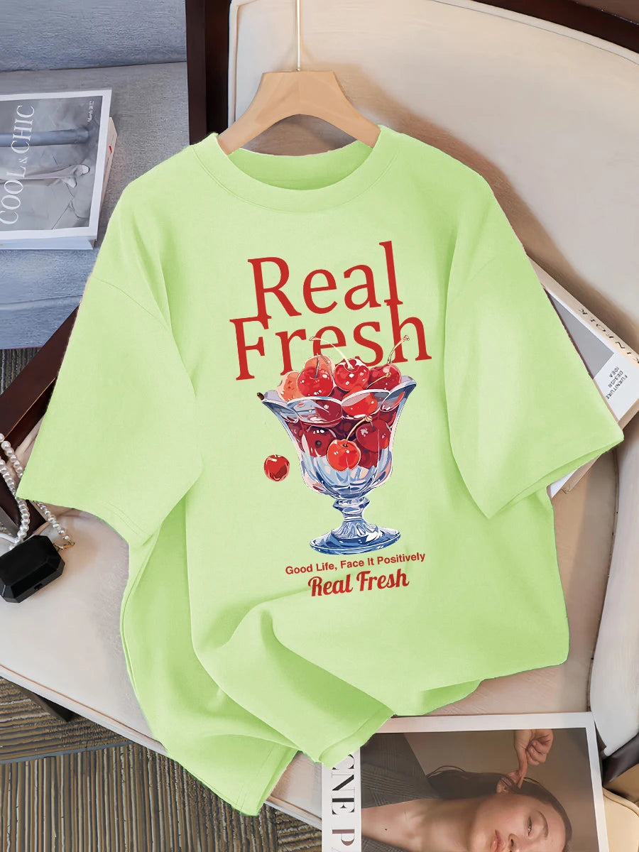 Real Fresh Cherry Fruit Cup Design Tee Shirts Female Comfortable Cotton T Shirt Fashion Casual Clothes Soft Street Short Sleeve
