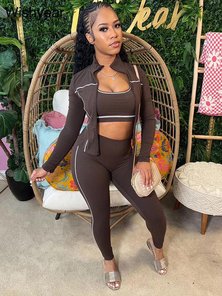 Sports Women's Stripe Pink 3-Piece Pants Set Long Sleeve Crop Top Tank Leggings Skinny Autumn Active Fitness Streetwear Outfits