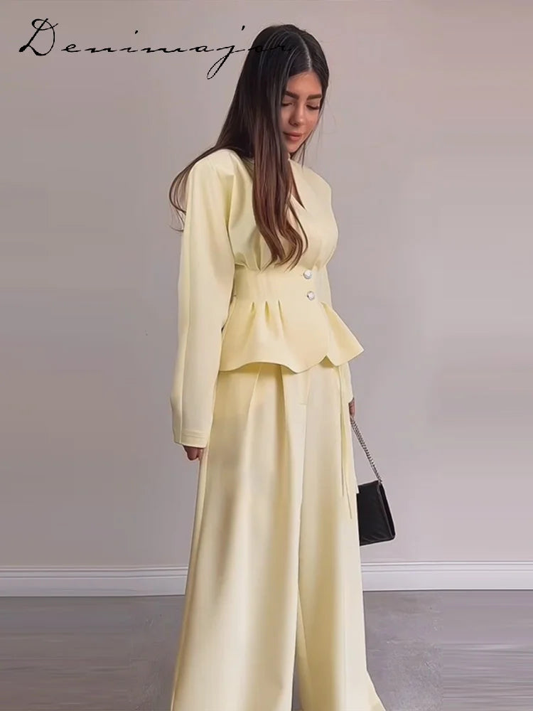 Fashion Solid Two-Piece Set Women V-Neck Ruffle Hem Waist-cinching Coats Bow Lace Up Wide Leg Pants 2026 Autumn New Lady Outfit