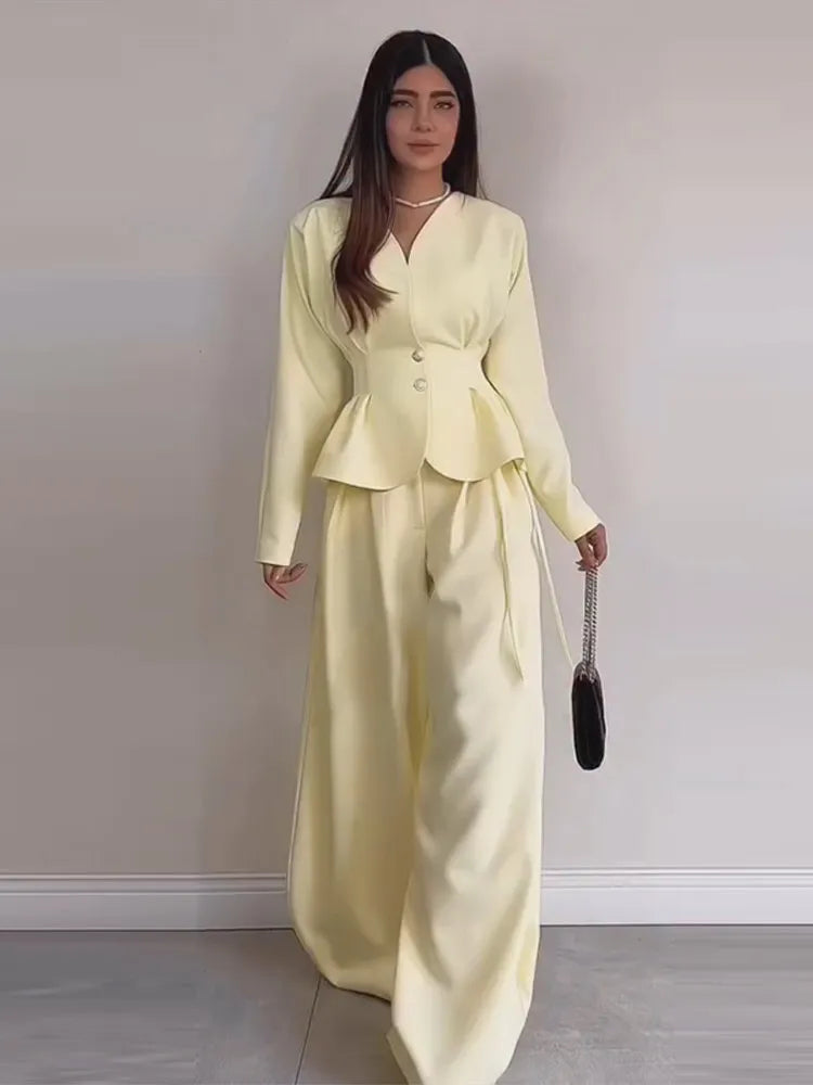Fashion Solid Two-Piece Set Women V-Neck Ruffle Hem Waist-cinching Coats Bow Lace Up Wide Leg Pants 2026 Autumn New Lady Outfit