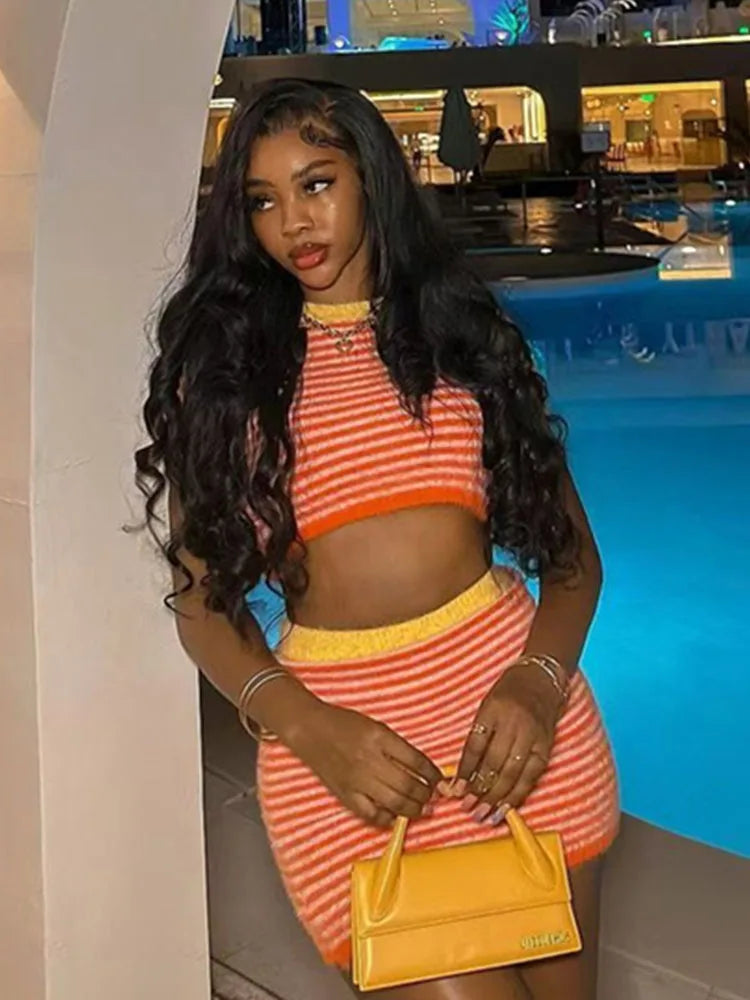 Weird Puss Crochet Stripe 2 Piece Set Women o-Neck Short Sleeve Crop Tops+Contrast Skinny Skirts Hottie Vacation Casual Outfits