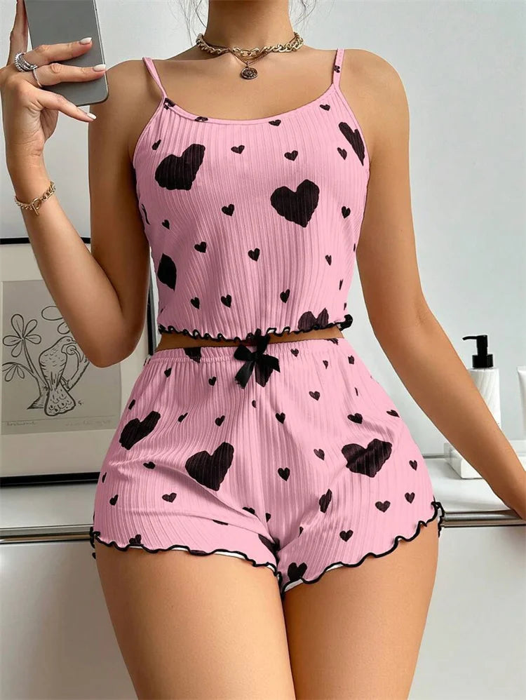 Sexy Girl Pajama Sets Love Heart Print Cami Top+Shorts Leisure Stripe Pyjamas Women Home Clothes Summer Sleeveless Sleepwear
