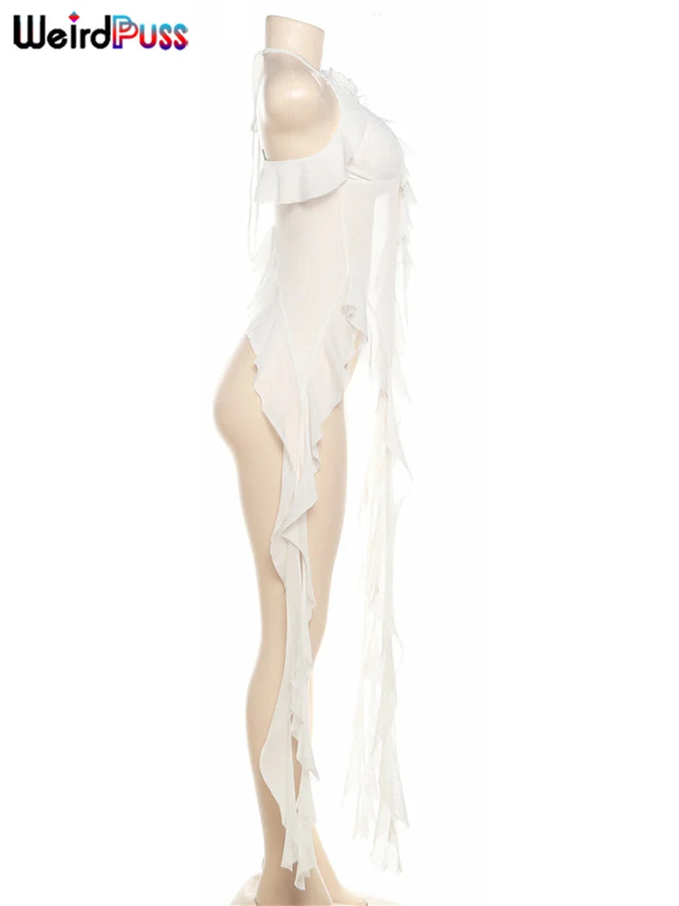 Weird Puss Blossoms Tank Tops Women Ruffles Y2K Summer Trend Sexy V-Neck Irregular Tassel Halter Backless Wild Street Camisole