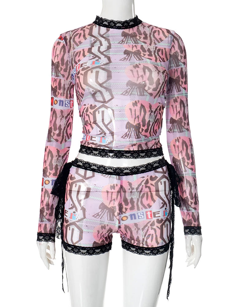 Weird Puss See Through Women 2 Piece Set Sexy Black-Edged Lace Sexy Full Sleeve Crop Tops+Shorts Matching Club Stretch Outfits