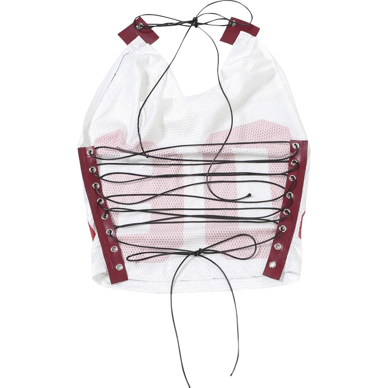 Weird Puss Mesh Halter Crop Tops Woman Summer Bandage Backless Patchwork Number Print Swing Collar Party Streetwear Skinny Vest