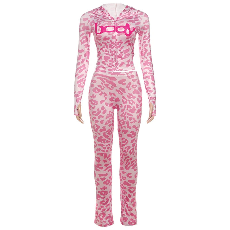 Weird Puss Leopard Print 2 Piece Set Women Tracksuit Letter Zip Hooded Crop Jacke+Leggings Matching Casual Sporty Street Outfits