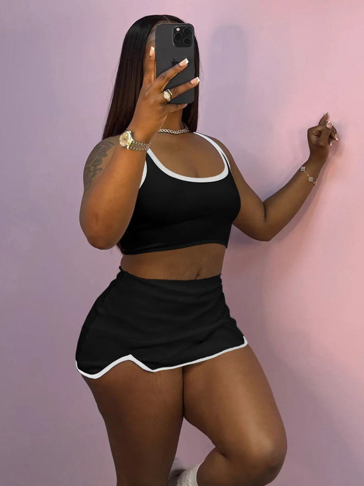 Weird Puss Casual Simple Women 2 Piece Set Tracksuit Skinny Tank Tops+Irregular Hem Skirts Matching Stretch Streetwear Outfits
