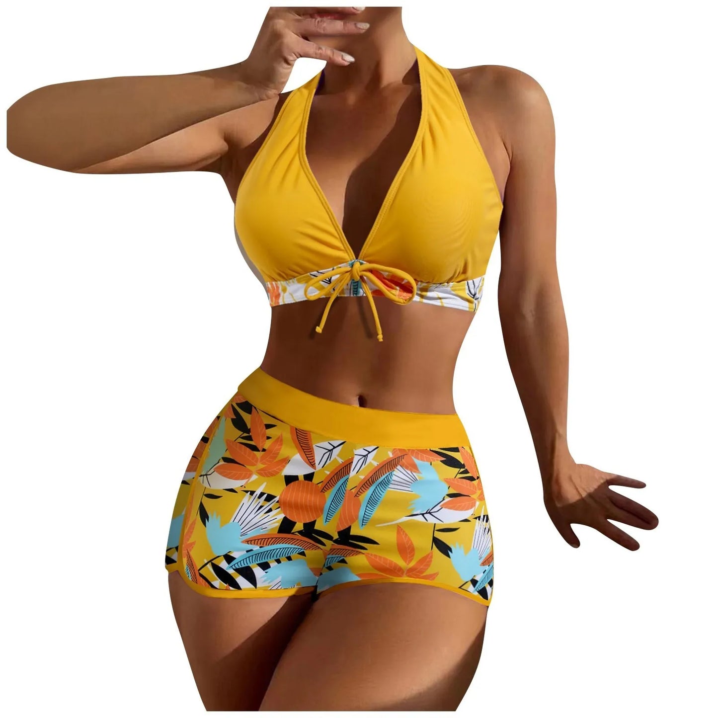 Shorts Bikinis Set  High Waist Swimsuit Women Swimwear  Plant Print Bathers Bathing Swim Suit Beachwear