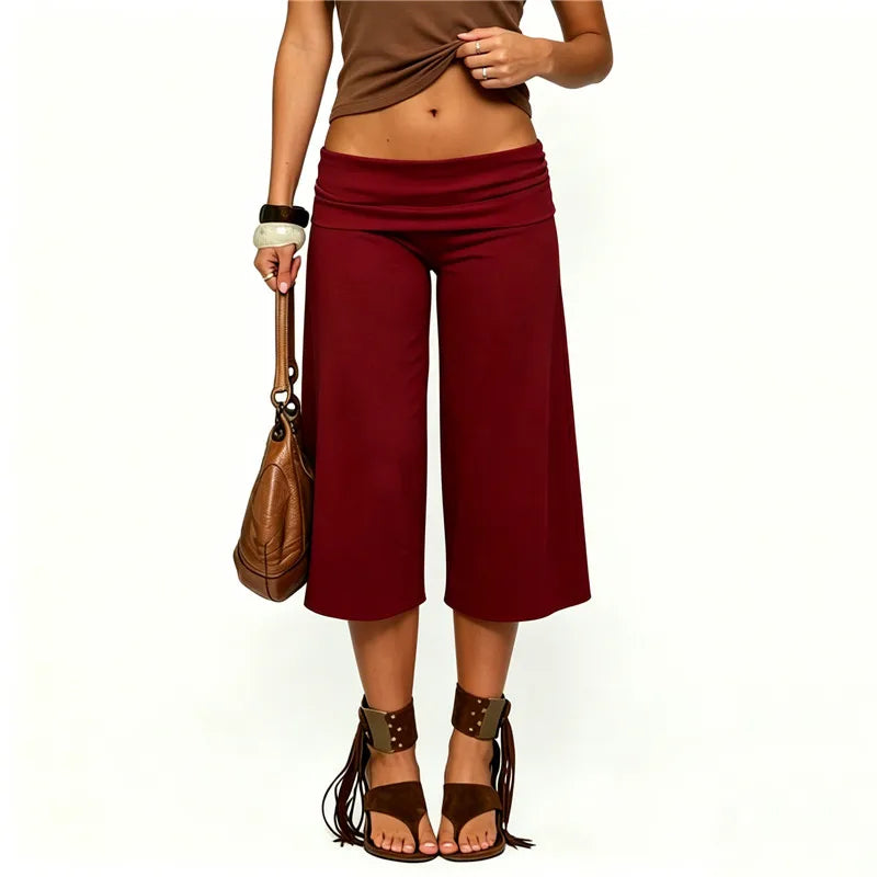 Y2K Women's Low Waist Wide Leg Capri Pants Fold Over Waist Flare Cropped Pants Casual Solid Color Summer Streetwear Trousers