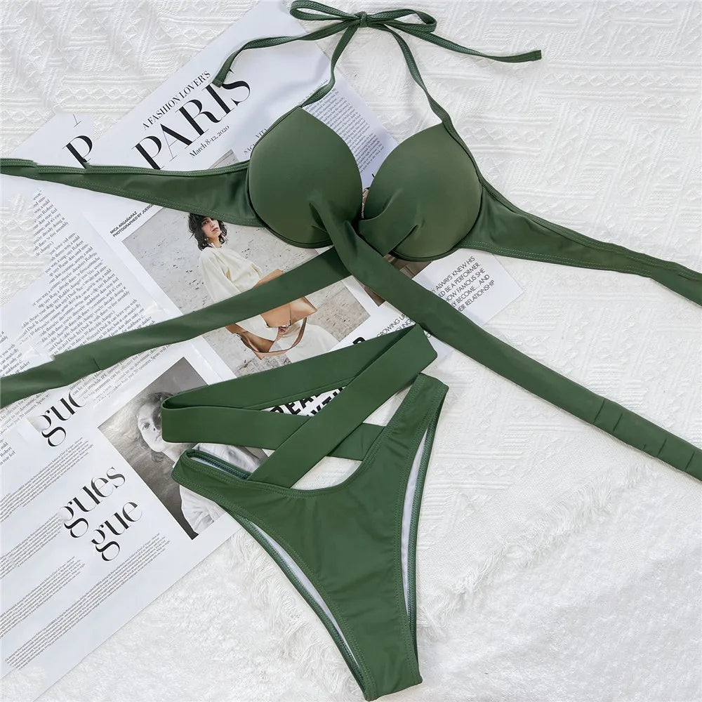 Black High Waisted Bikini Push Up Women String Halter Swimwear Cross Bandage Swimsuit Bathing Suit Brazilian Bikinis Sets 2025