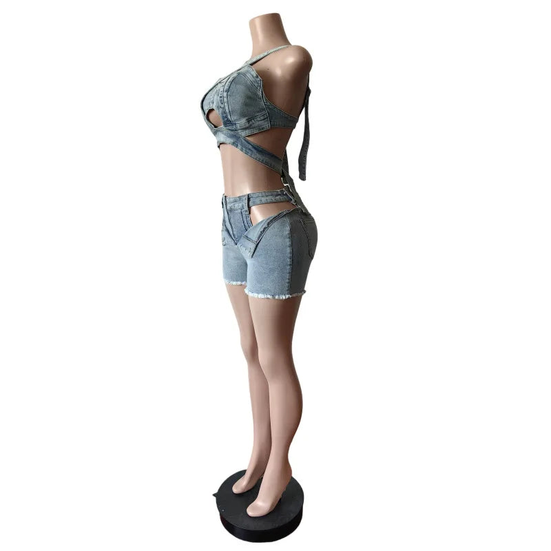 Streetwear Jeans Shorts Outfit Set Sexy Women Elegant Two Pieces Denim Club Matching Set Top+Shorts