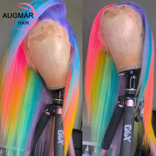 360 Rainbow Highlight Human Hair Wigs Transparent 13x6 HD Lace Frontal Wig Pink Purple Green Straight Lace Front Human Hair Wig