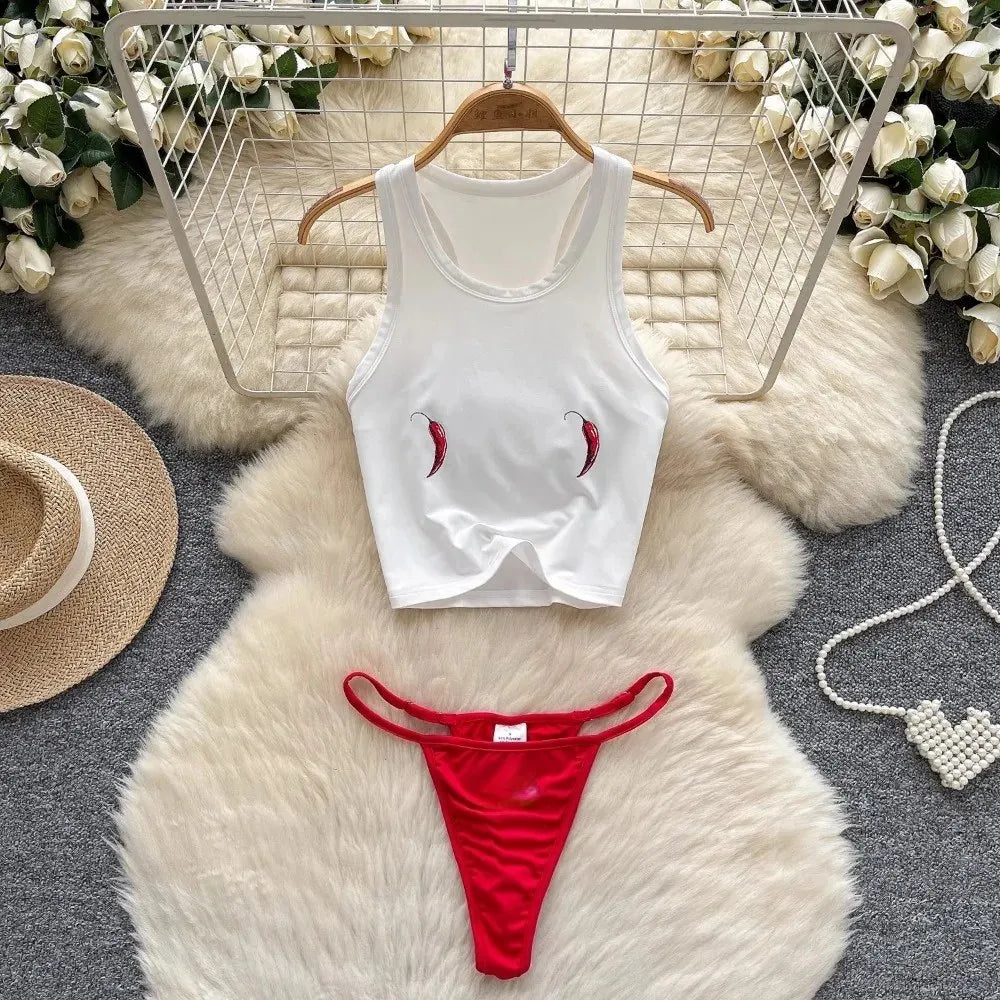 Foamlina Seaside Beach Suit Women's Swimsuit Two-piece Set Pure Desire Sleeveless Printed T-Shirt Vest Bikini Triangle Shorts