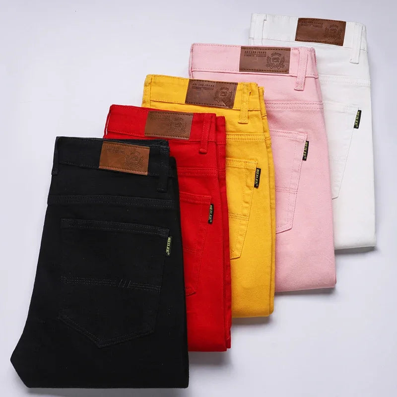 White Yellow Pink fashion 5 Color Men's Cotton Casual Pants Jeans Slim Straight Solid Color Business Trousers Four Seasons Brand