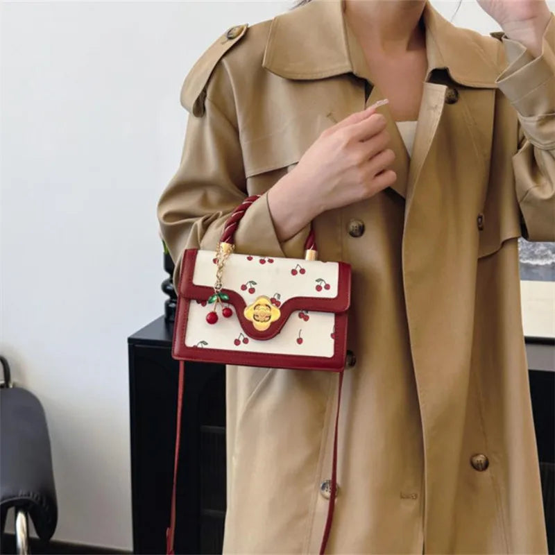 Cute Cherry Printed Handbag Shoulder Bag, Woven Handle Square Tote Bag, Fresh Design Women's Crossbody Bag, Stylish Women Bag