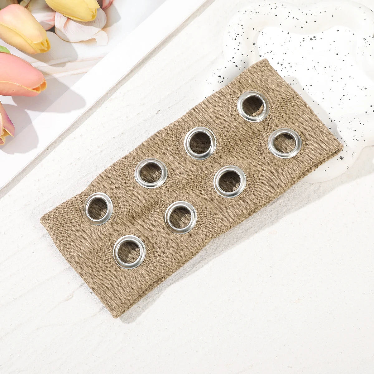 AWAYTR Punk Girl Fabric Hollow Elastic Headbands Metal Rock Personalized Hollow Eyelets Hair Band Casual Sports Grommet Headband