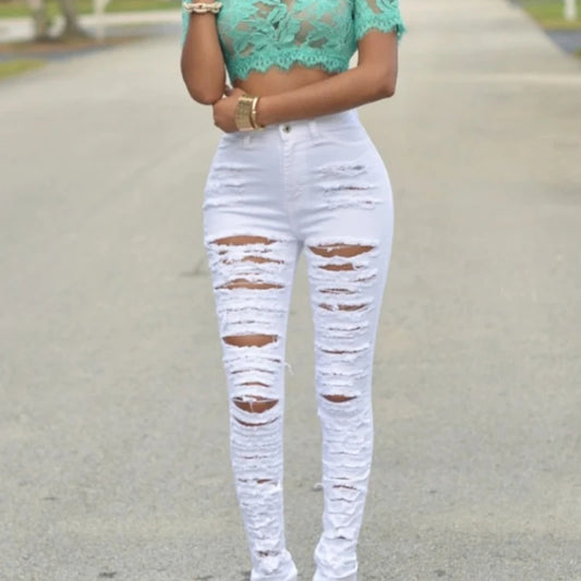 New Designer Women 2025 High Waist Ripped Jeans for Women Skinny Black White Jeans Woman Elastic Slim Jean Female Femme