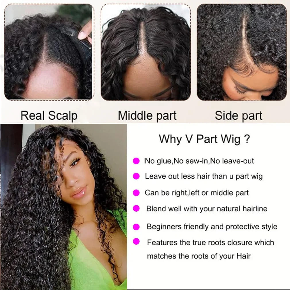 30 Inch Curly V Part Wig Human Hair Brazilian Virgin Human Hair Wig  Upgrade U Part Wig Glueless V Shape Wig Natural Black Color