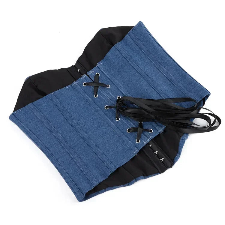Fashion Denim Corset Crop Tops Female Underwear Backless Body Shaper Short Torso Bustier Vest Blue