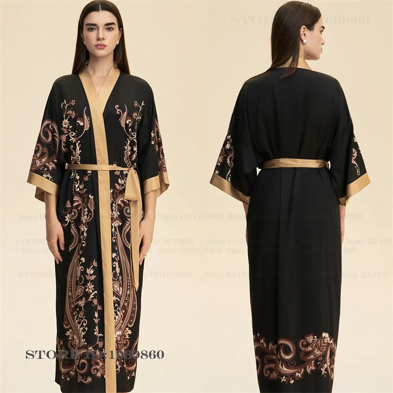 Plus Size Print Flower Long Robe Kimono Gown New Female Sleepwear Bathrobe Home Dress Loose Silky Satin Night Clothes Loungewear