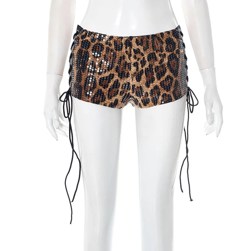 HLJ&GG Y2K Fashion Cherry Tshirts Two Piece Sets Women O Neck Short Sleeve Slim Crop Top + Bandage Sequin Leopard Shorts Outfits