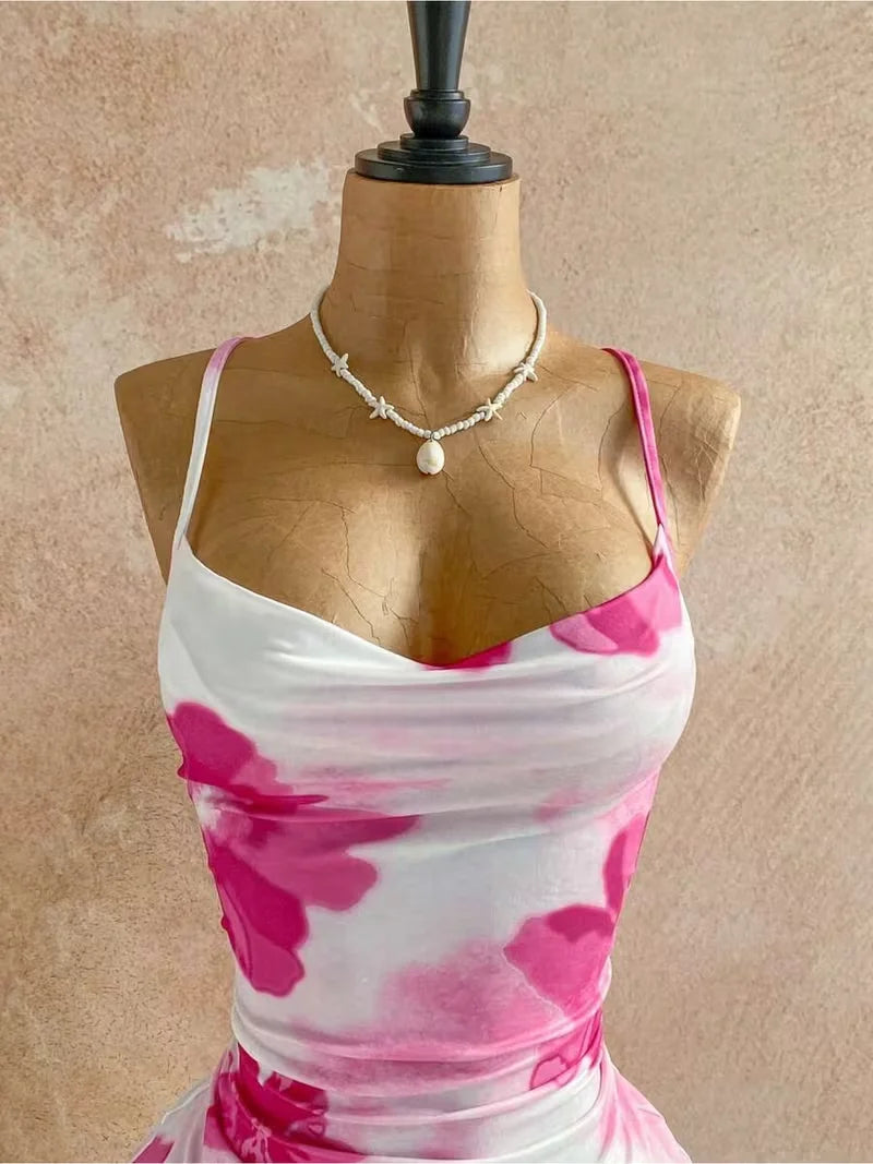 Women Thin Strap Cowl Neck Pink Floral Print Side Ruched Ruffle Hem Mini Bodycon Dress 2026 Summer Tropical Beach Y2K Going Out