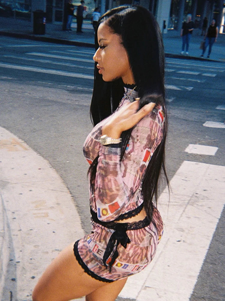 Weird Puss See Through Women 2 Piece Set Sexy Black-Edged Lace Sexy Full Sleeve Crop Tops+Shorts Matching Club Stretch Outfits