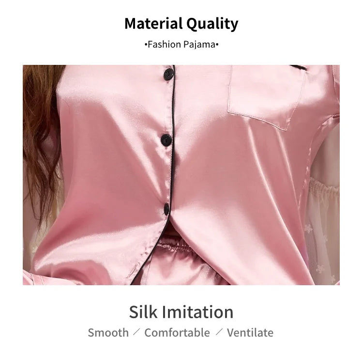 Autumn Satin Women‘s Pajamas Set Notched Collar Top & Wide Leg Long Pants 2 Pieces Sleepwear Female Loungewear Like Leisure Suit