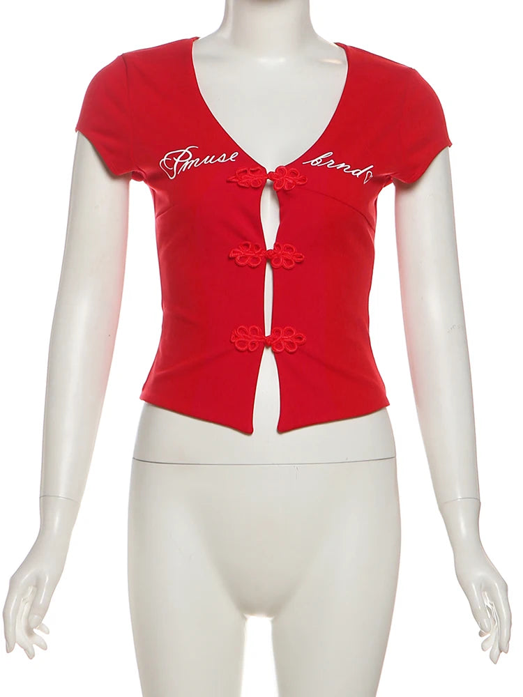 Weird Puss Sexy Letter Print T-Shirt Women Hollow Cheongsam Button V Neck Midnight Hottie Versatile Street Skinny Crop Tops