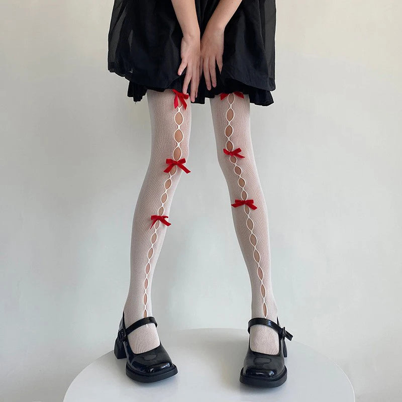 Sexy Lace Bow Patchwork Stockings Women Bodycon Elastic See Through Slim Pantyhose Party Club Sexy Y2K Hollow Out Tights Ladies