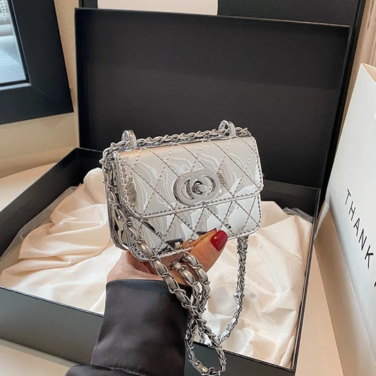 2025 New Arrival Eye - Catching Laser - Patent Mini Crossbody with Gleaming Glossy Chain Strap, Convenient Lipstick Holder