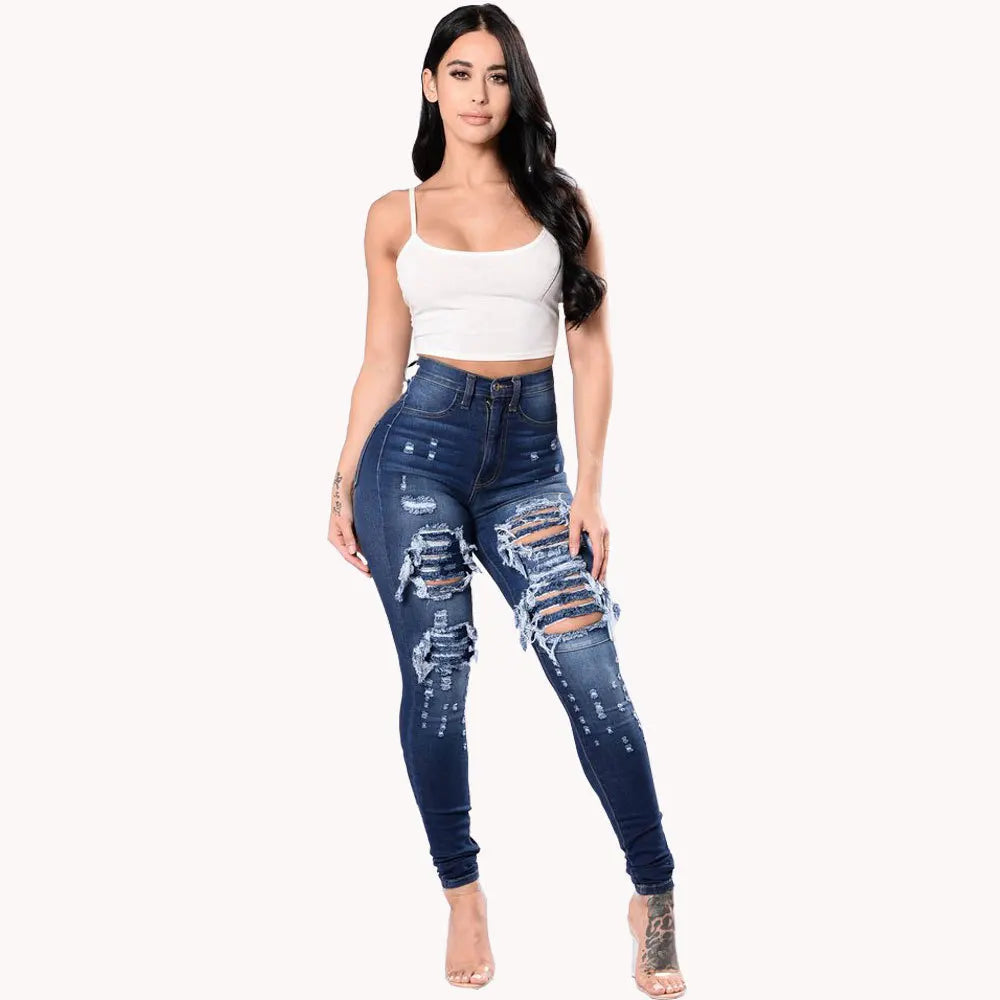 New Designer Women 2025 High Waist Ripped Jeans for Women Skinny Black White Jeans Woman Elastic Slim Jean Female Femme
