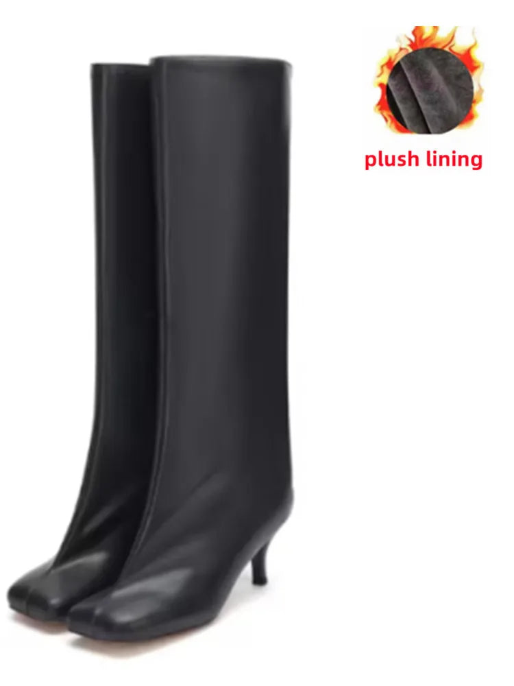 2025Autumn and Winter New 6cm Slim High Heels Knee High Women's Boots Round Toe Fashionable Women's Long Boots Knight Boots