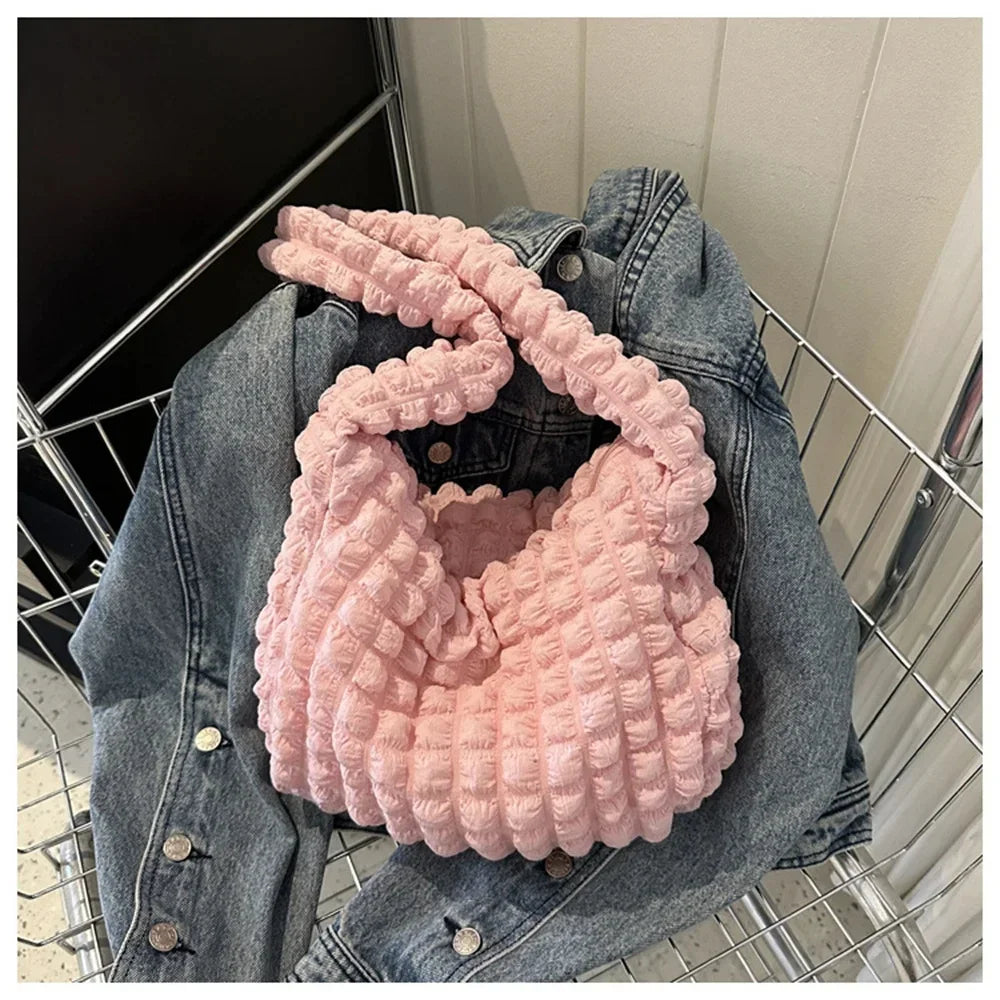 Pleated Embroidered Plaid Shoulder Bag – Crossbody & Underarm Bag, Stylish Large Capacity Quilted Tote for Women