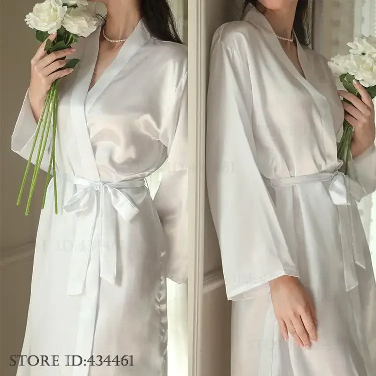 White Silk Satin Bride Bridesmaid Wedding Robe Dress Women's Sleepwear Long Kimono Bathrobe Gown Sexy Loose Home Wear Loungewear