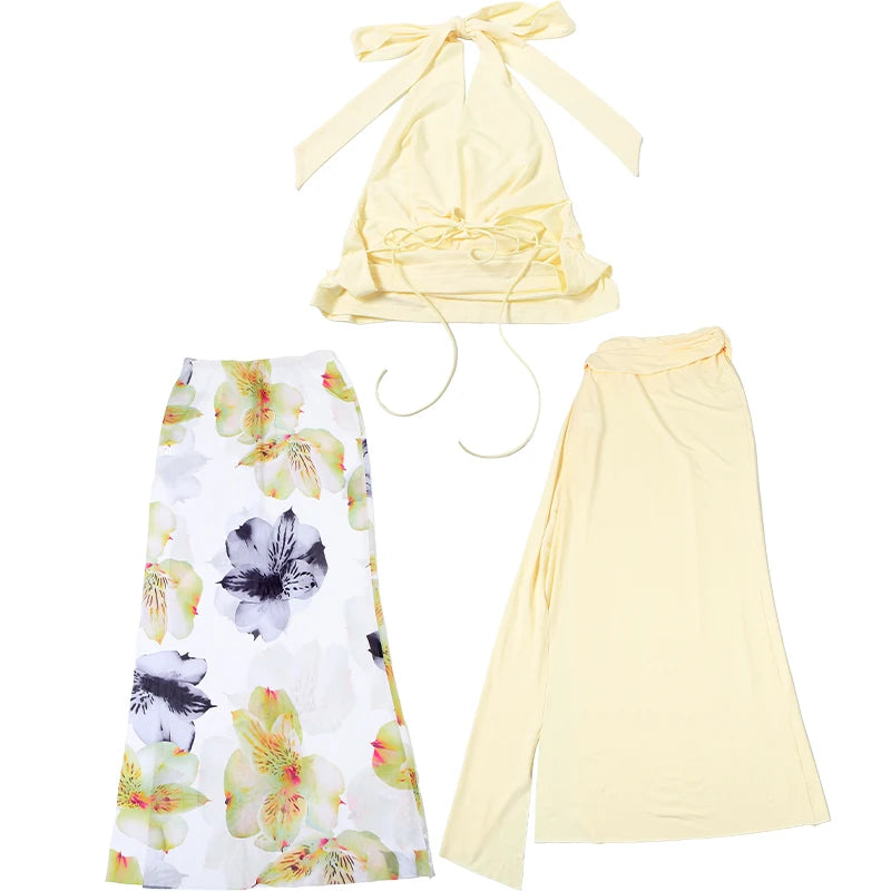 Weird Puss Elegant Women 3 Piece Set Stack Trend Halter Tops+Split Tassel Tassel+Flowers Mesh Skirts Matching Vacation Clubwear