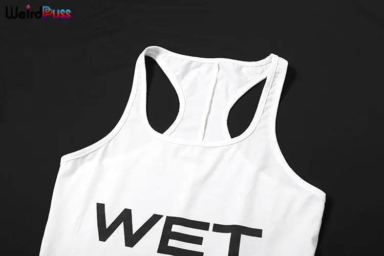 Weird Puss Letter Print Romper Women Low-Neck Sporty Casual Sleeveless Stretch Activity Skinny Playsuit Tight Short Overalls