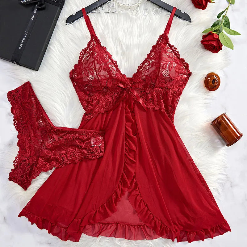 Sexy Lace Nightdress Transparent Pink Lingerie Women Underwear Sexy Sleepwear Thin Style G-string Set Elegant DeepVDress Pijamas