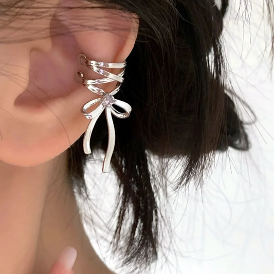 Girls New Ribbon Aesthetics Ear Clips Ballet Style Ribbon Bow-knot Ear Cuff Women Korean Fashion Kpop Earring Jewelry