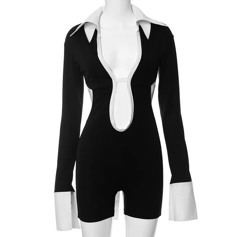 Weird Puss Hollow Backless Women Playsuits Bandage Polo Neck Full Sleeve Skinny Contrast Color Hipster High Street Sexy Romper