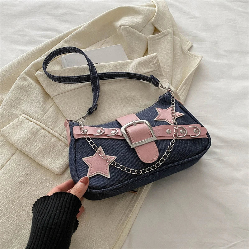 Fashion Women's Handbags jeans Stars Pattern Cool Girls Underarm Bag Female Small Shoulder Hobo Bags Chain Tote Bag