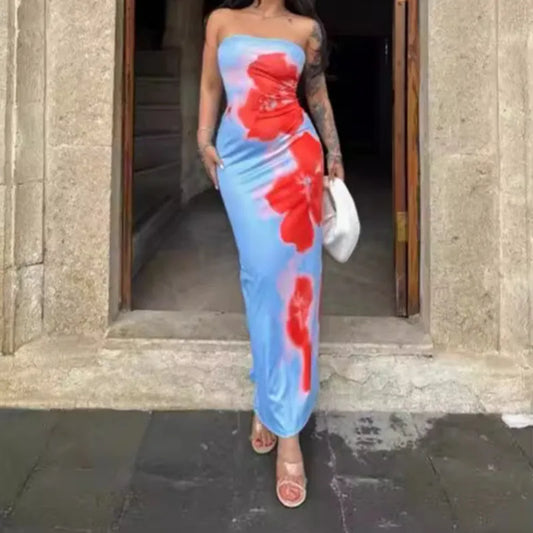 Sexy Slim Big Flower Print Maxi Dress Woman Bodycon Split Vintage Vacation Beach Y2K Summer Party Cheap Clothes Women Dresses