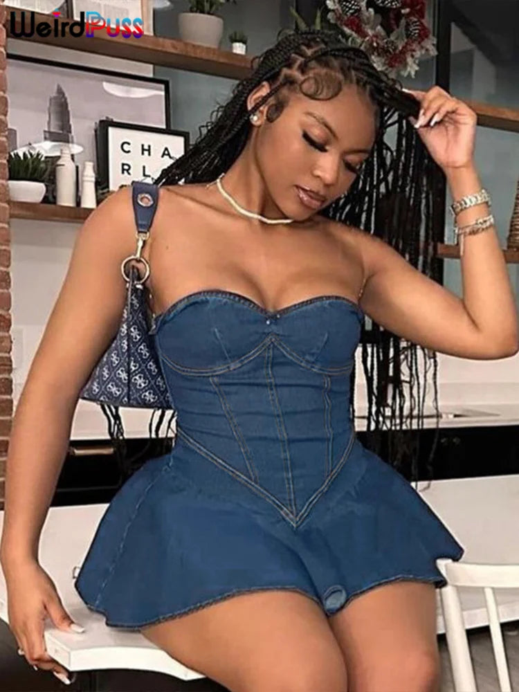 Weird Puss Fake jeans Strapless Sexy Dress Women Summer Trend Skinny Hipster Fashion Concert Birthday Party Clubwear Y2K Bodycon