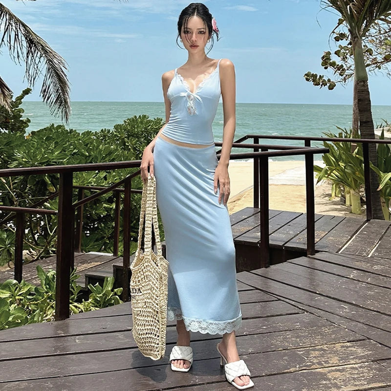 Y2k Matching Suit Women’s 2 Piece Summer Outfits Lace Trim Sleeveless Tie Front Cami Crop Tops and Long Maxi Skirt Set Beachwear