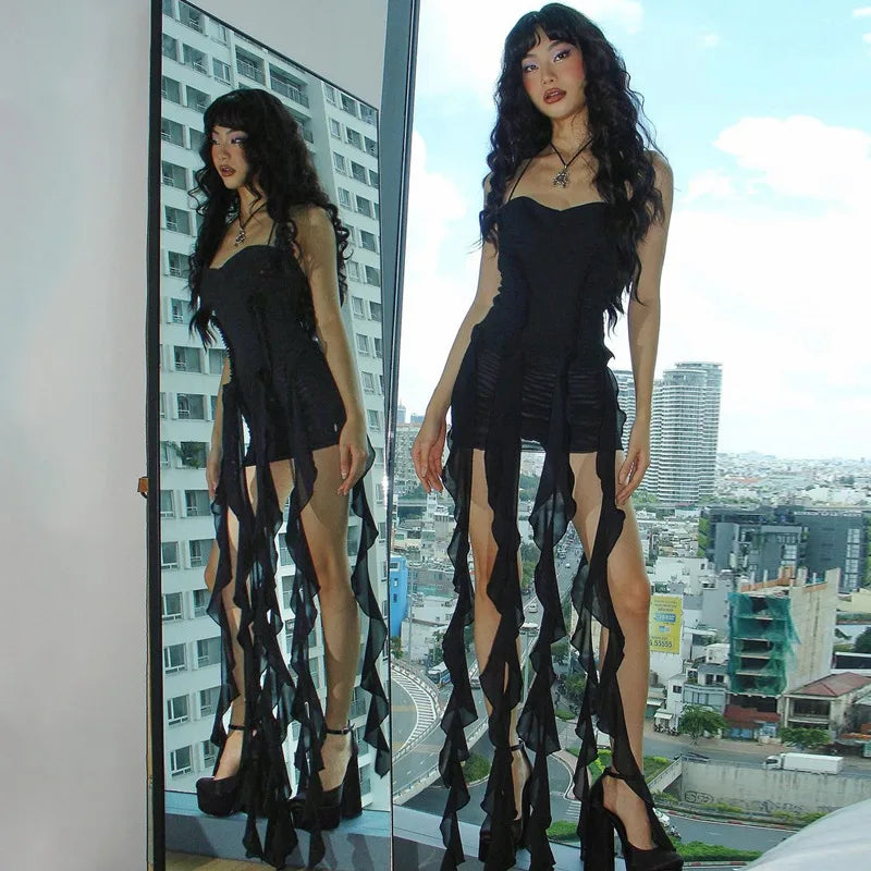 Summer New Y2K Sexy Hot Girl One-shoulder Jellyfish Style Fungus Sexy Breast-wrapped Irregular Dress