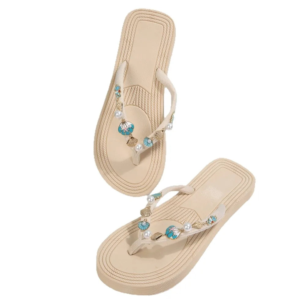 Creative Seahorse Bohemian Starfish Flip Flops Starfish Conch Women Shell Slippers Ocean Beach Pearl Girl Summer Sandal Lady