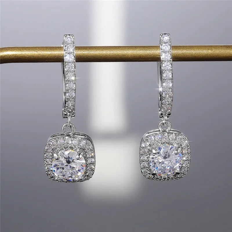 925 Sterling Silver Trendy Square Shape Drop Earrings Brilliant Bridal Engagement Wedding Jewelry Elegant Female Dangle Earring